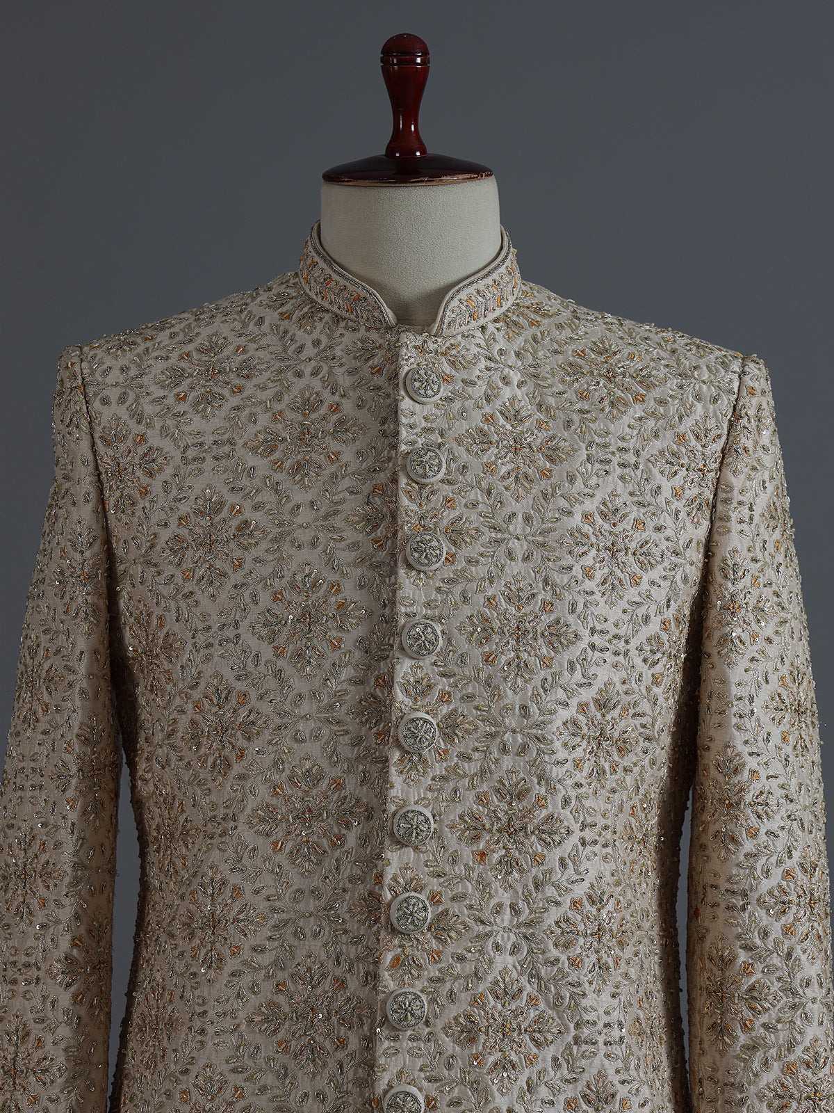 Beige silk sherwani with rich resham and zardosi accents