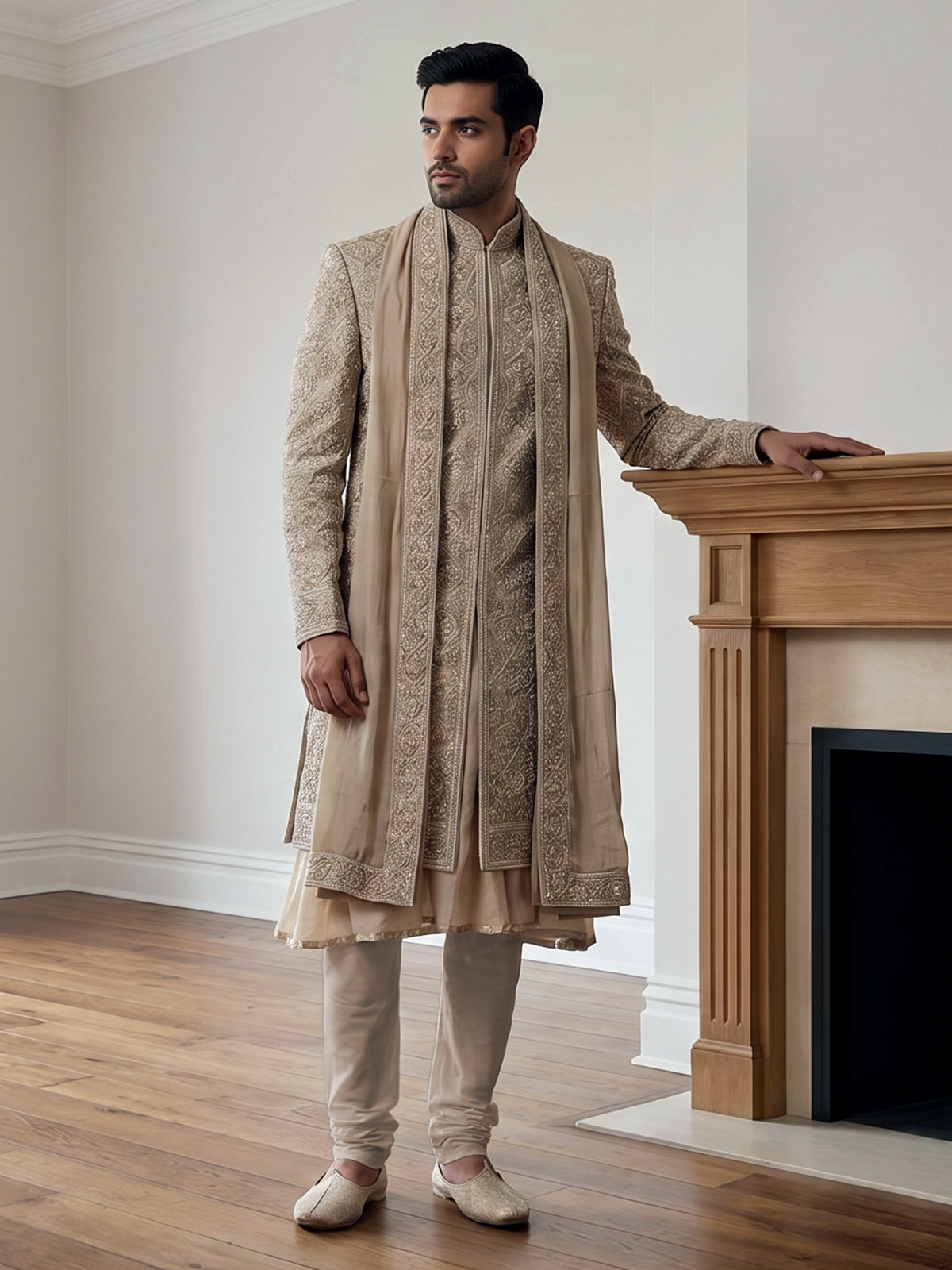 Beige silk sherwani with floral resham work and embroidered dupatta
