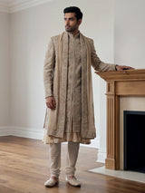 Beige silk sherwani with floral resham work and embroidered dupatta