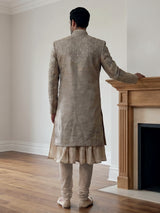 Beige silk sherwani with floral resham work and embroidered dupatta
