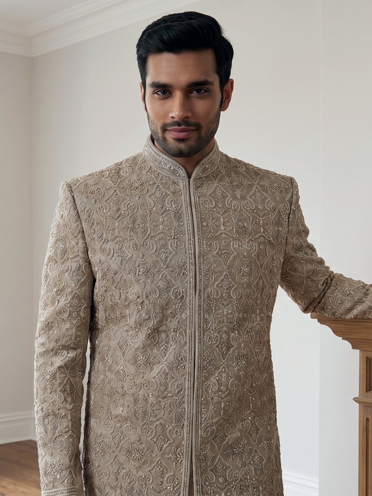 Beige silk sherwani with floral resham work and embroidered dupatta