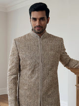 Beige silk sherwani with floral resham work and embroidered dupatta