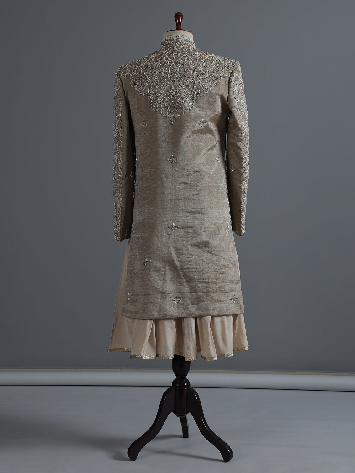 Beige silk sherwani with floral resham work and embroidered dupatta