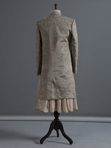 Beige silk sherwani with floral resham work and embroidered dupatta