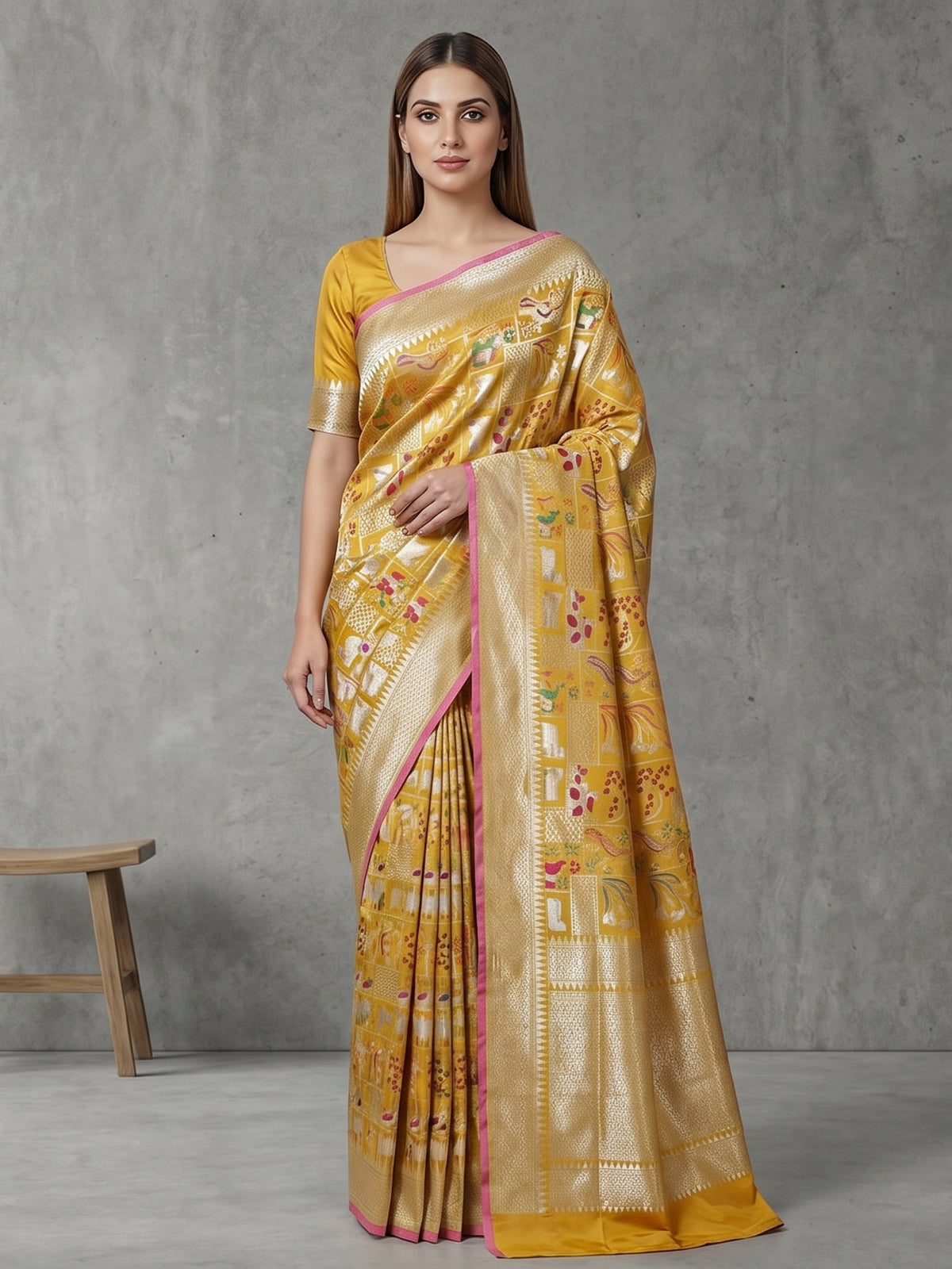 Yellow banarasi silk festive saree enhanced with shimmering zari accents