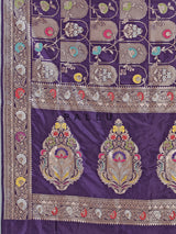 Purple banarasi silk saree featuring detailed zari work for weddings