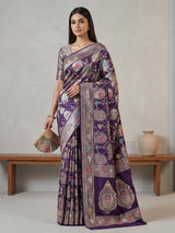 Purple banarasi silk saree featuring detailed zari work for weddings