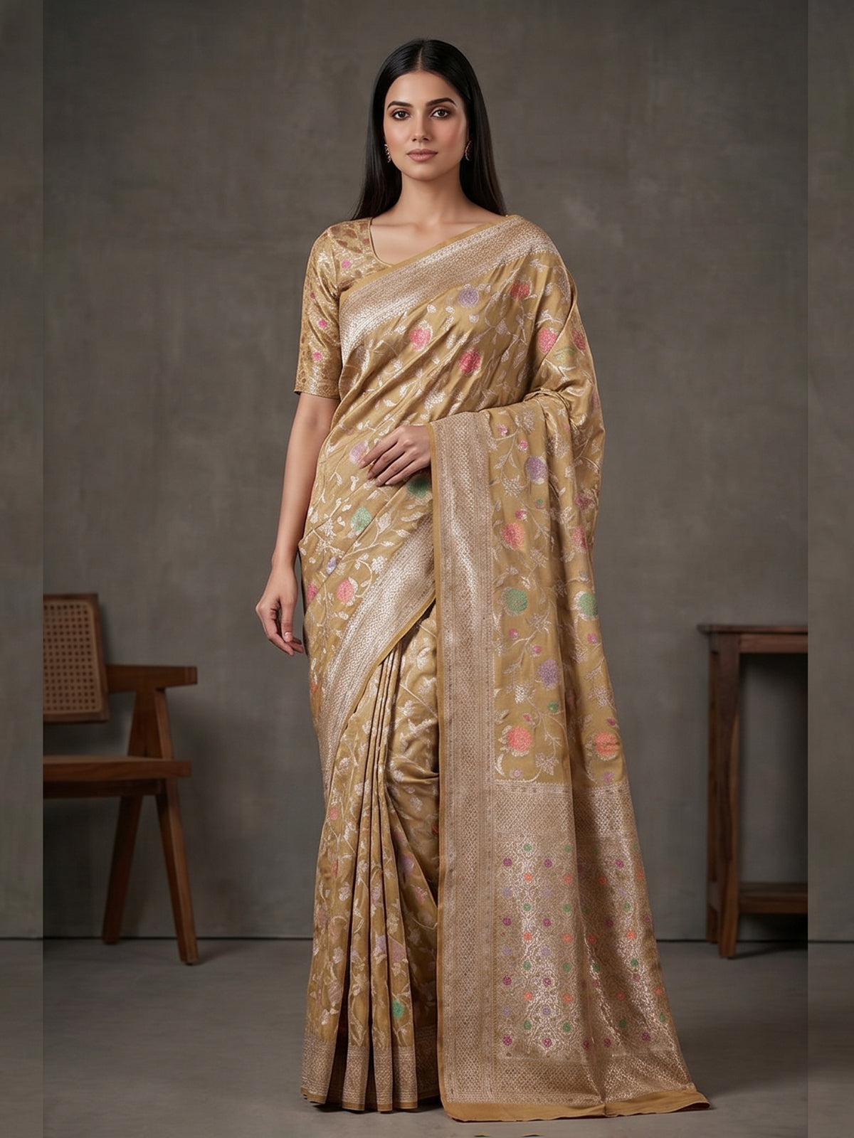 Beige banarasi silk saree highlighted with golden zari detailing
