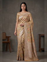 Beige banarasi silk saree highlighted with golden zari detailing