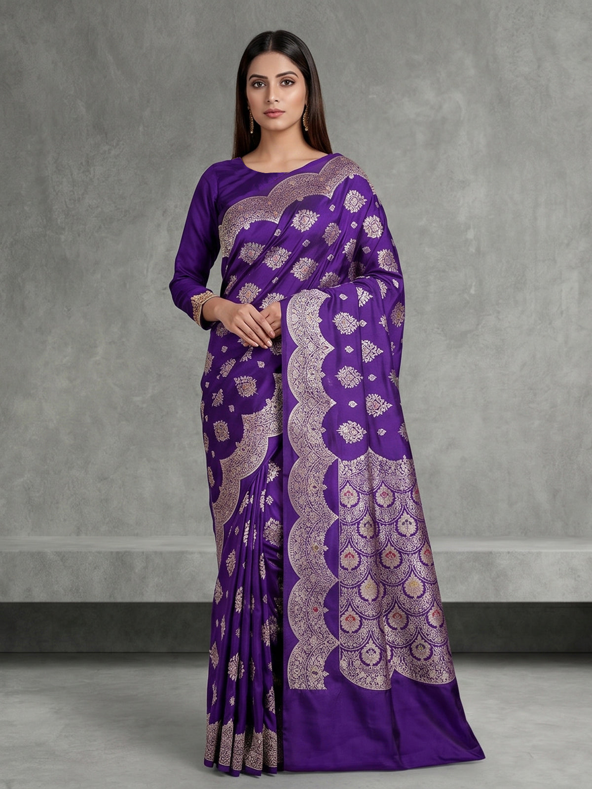 Purple banarasi silk saree with intricate zari work for weddings