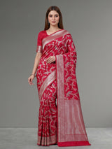 Red banarasi silk saree with golden zari detailing for wedding wear