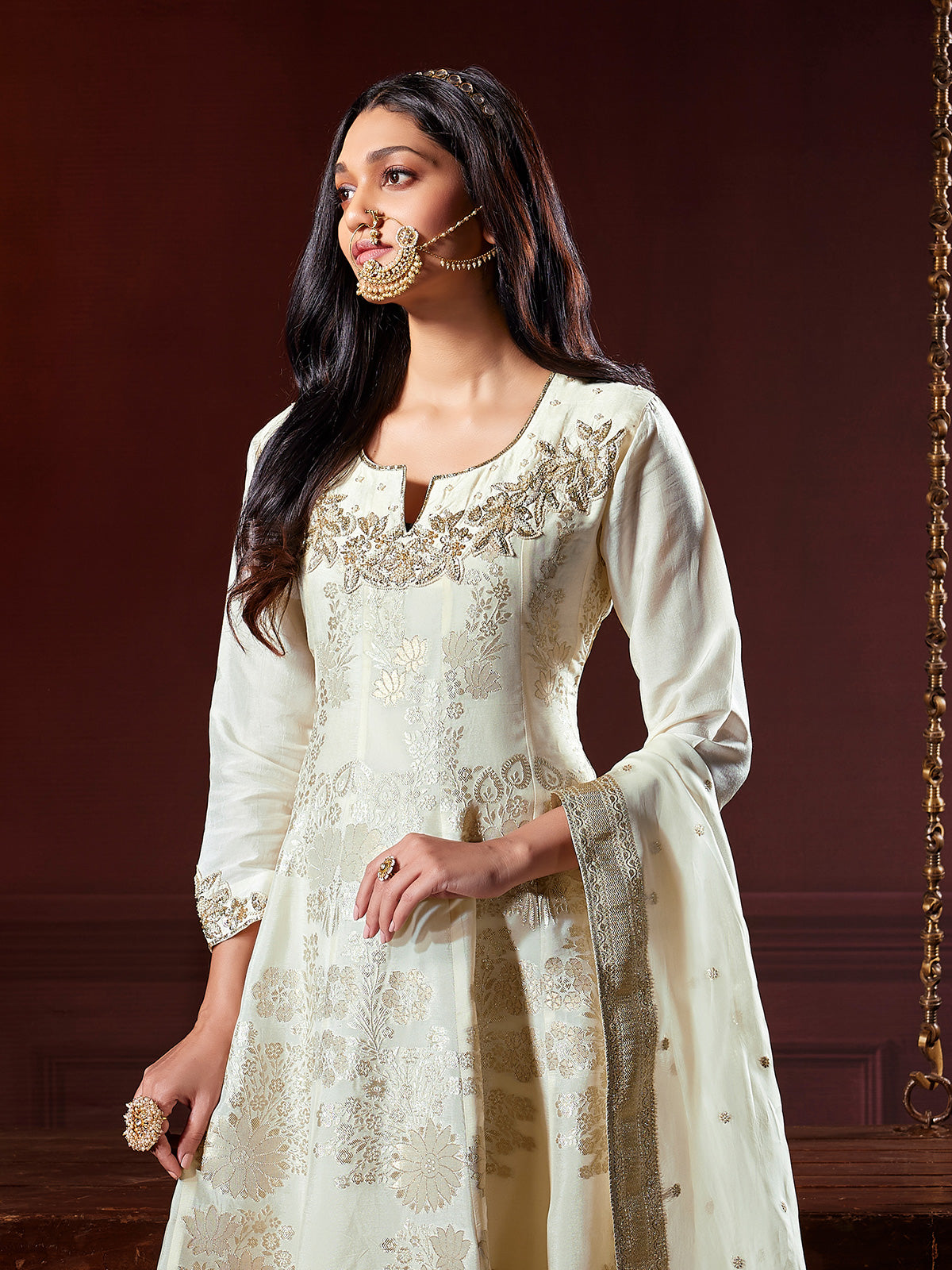 Cream silk anarkali kurti set with zardosi work