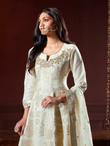 Cream silk anarkali kurti set with zardosi work