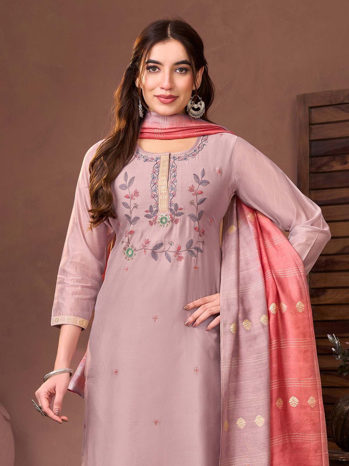 Onion pink silk kurti set with sequin work