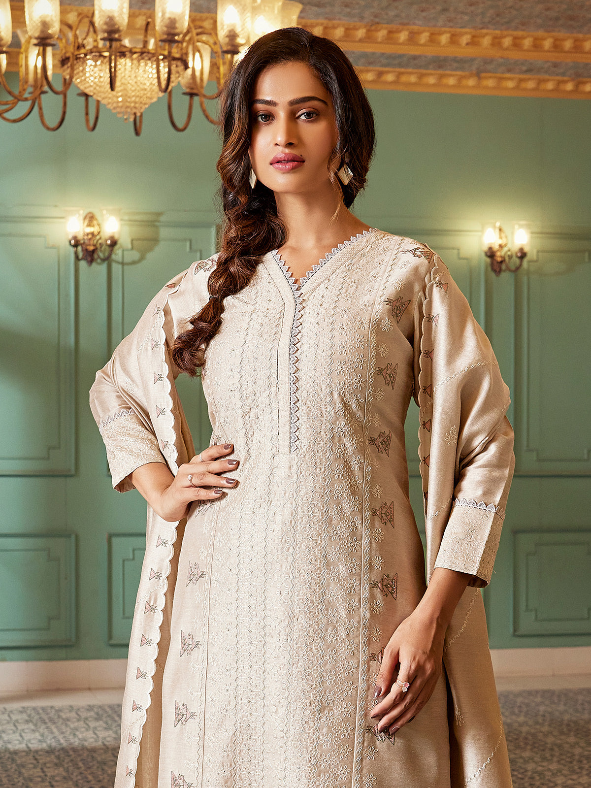 Gold silk straight cut salwar suit for festive wear