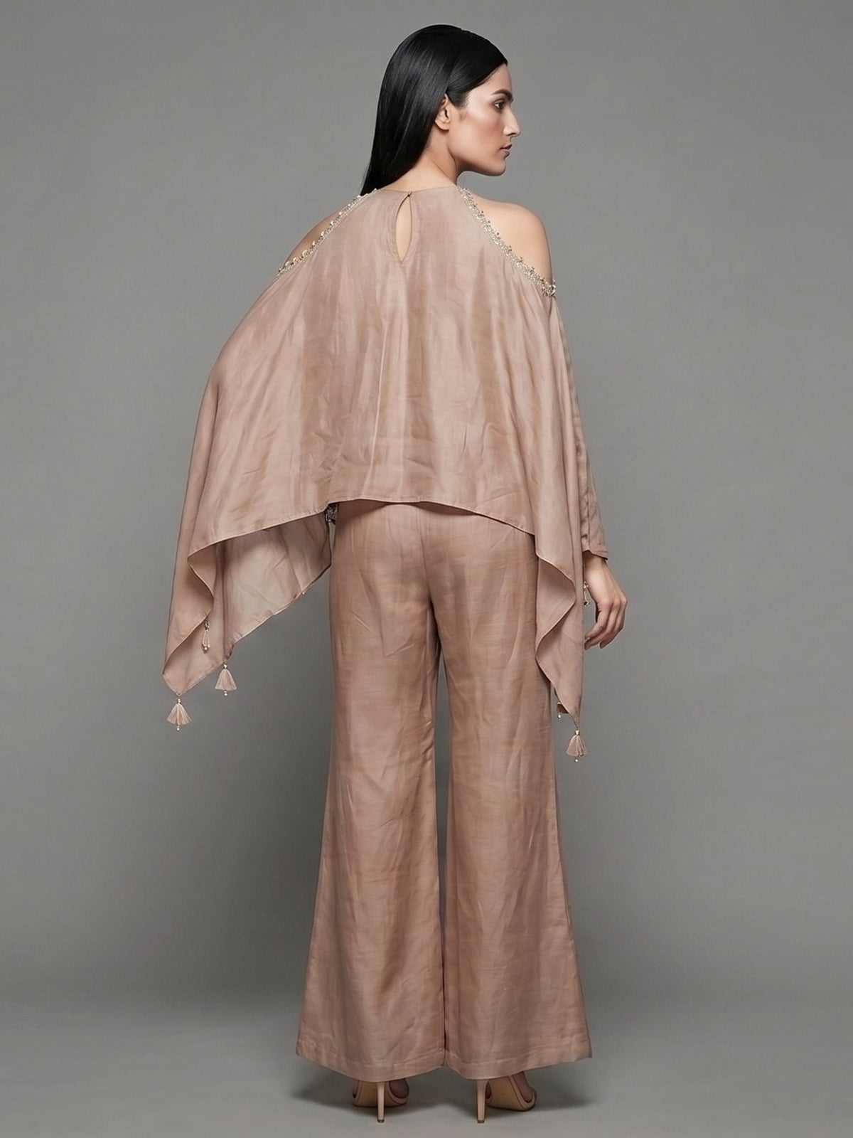 Peach cotton linen designer suit with tassel palazzo
