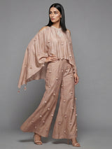 Peach cotton linen designer suit with tassel palazzo