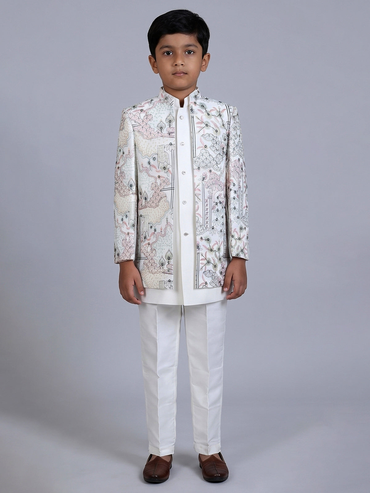 Off white terry rayon indowestern suit with thread embroidery