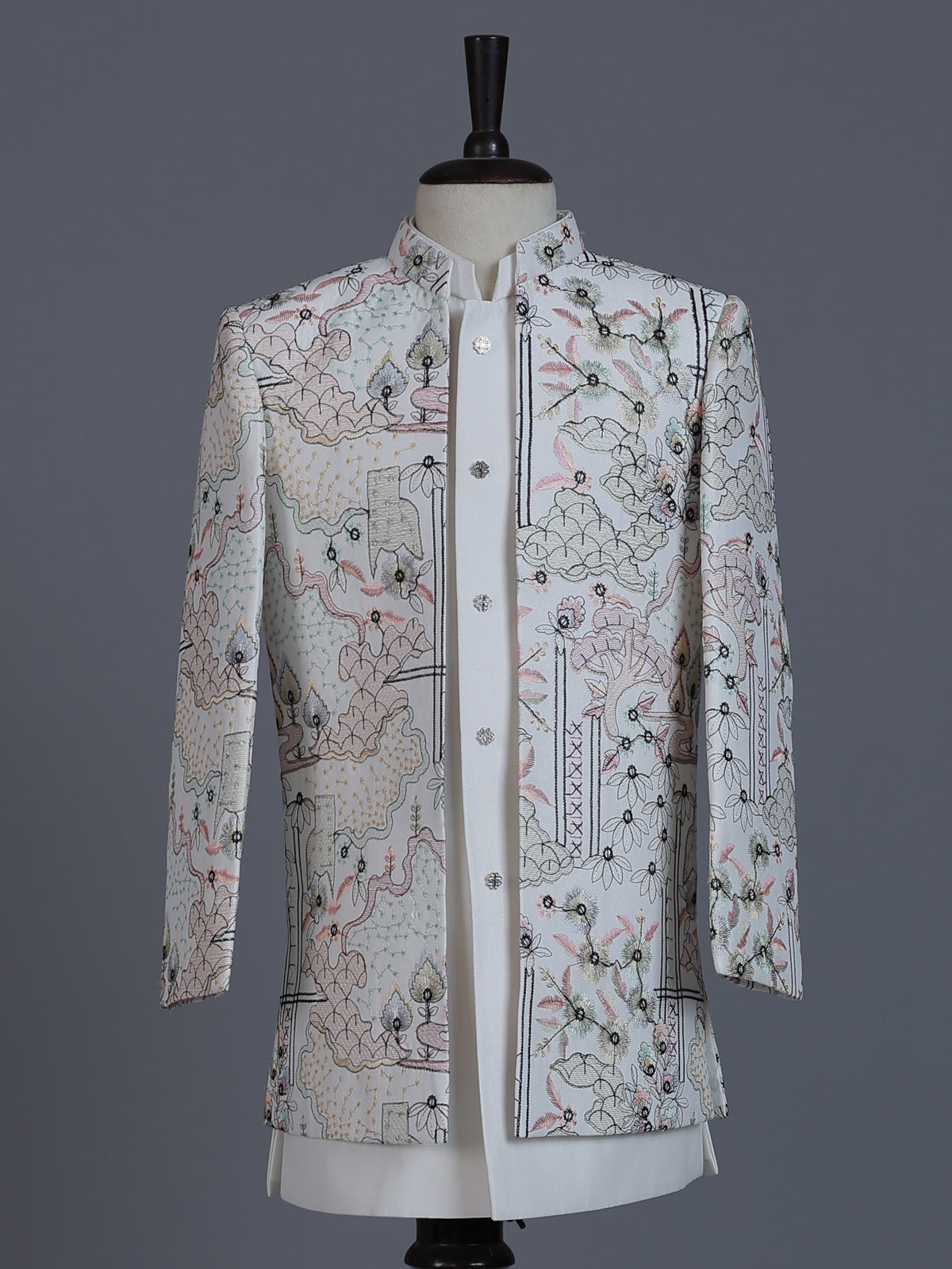 Off white terry rayon indowestern suit with thread embroidery