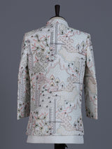 Off white terry rayon indowestern suit with thread embroidery