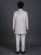 Cream silk blend indowestern suit with sequin embroidery