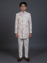 Cream silk blend indowestern suit with sequin embroidery