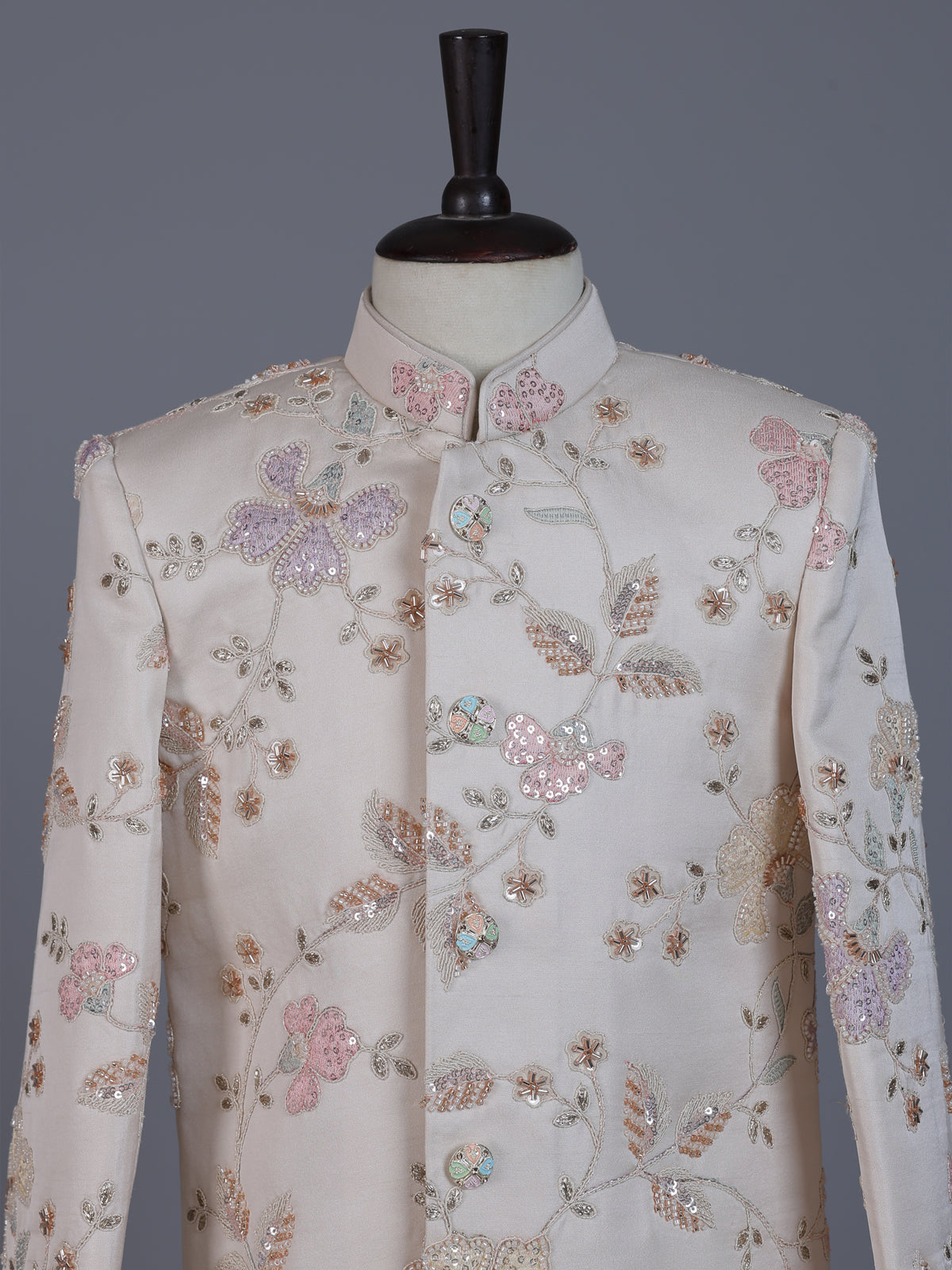 Cream silk blend indowestern suit with sequin embroidery