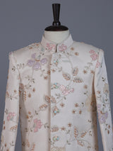 Cream silk blend indowestern suit with sequin embroidery