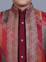Maroon silk blend indowestern suit with zari detailing