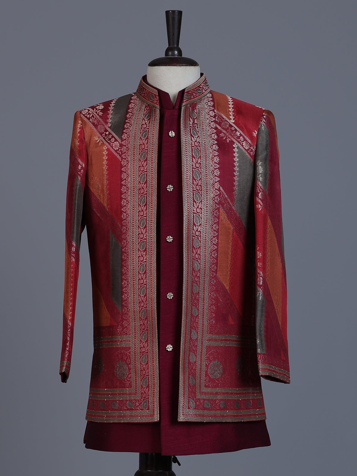 Maroon silk blend indowestern suit with zari detailing