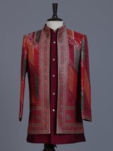 Maroon silk blend indowestern suit with zari detailing