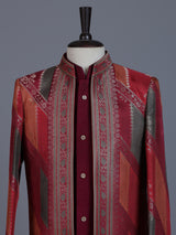 Maroon silk blend indowestern suit with zari detailing