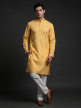 Yellow printed kurta suit in cotton silk for haldi