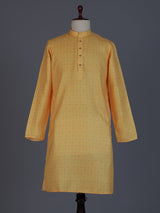 Yellow printed kurta suit in cotton silk for haldi