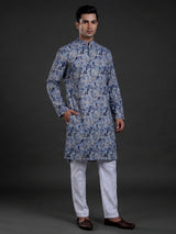 Grey and blue printed cotton kurta suit
