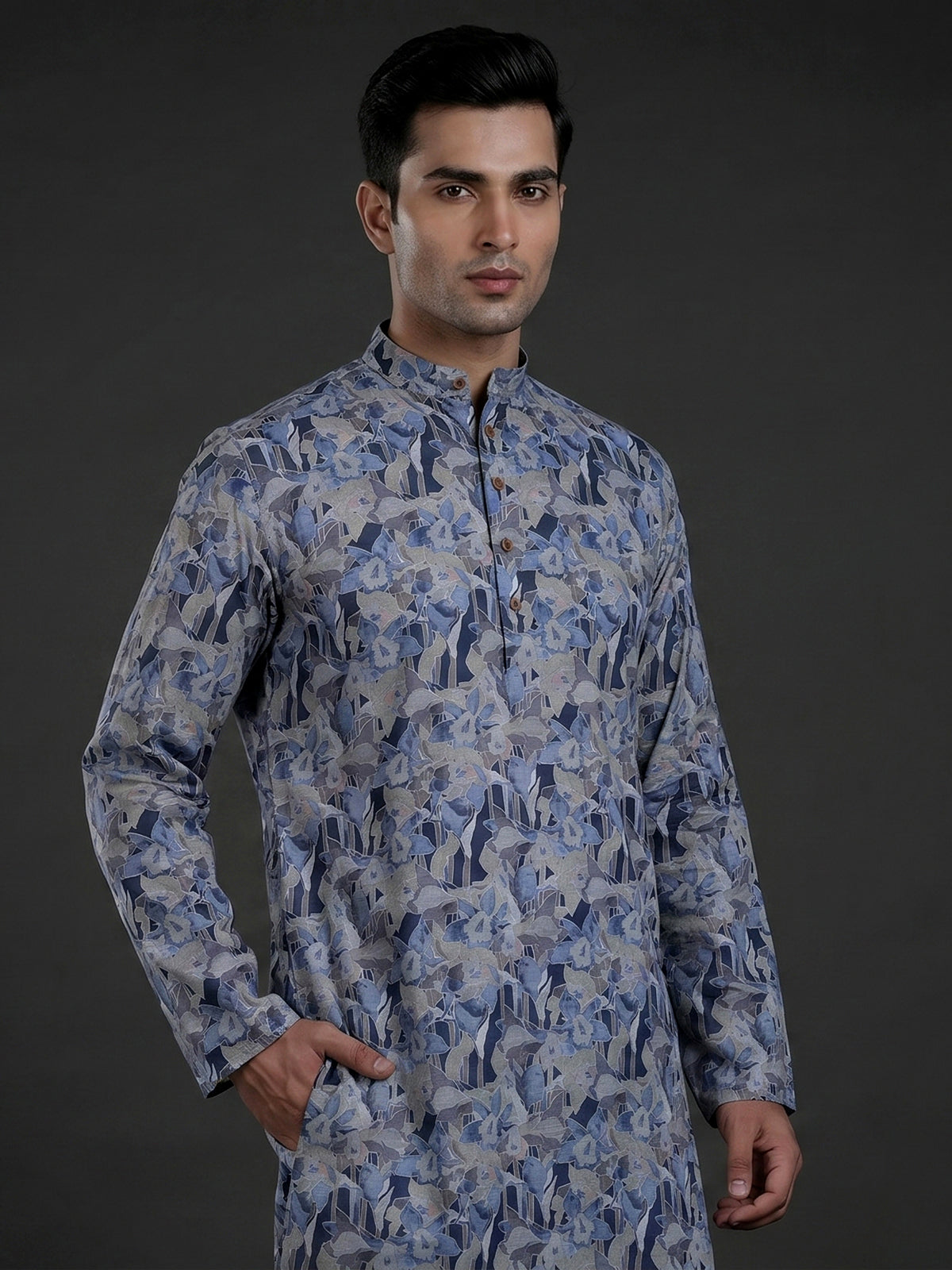 Grey and blue printed cotton kurta suit