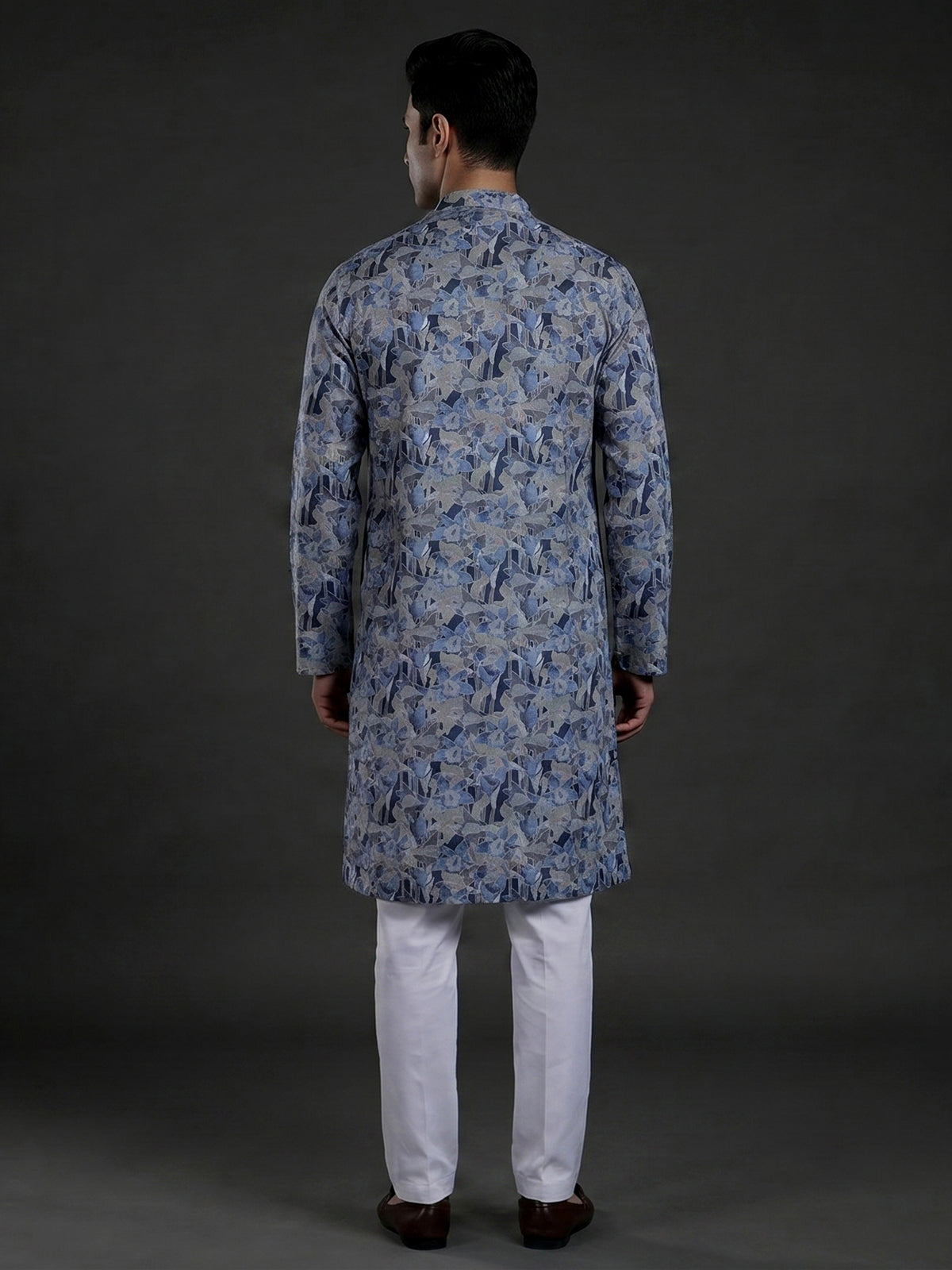 Grey and blue printed cotton kurta suit