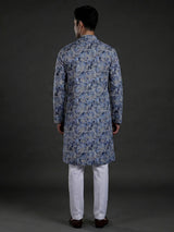 Grey and blue printed cotton kurta suit
