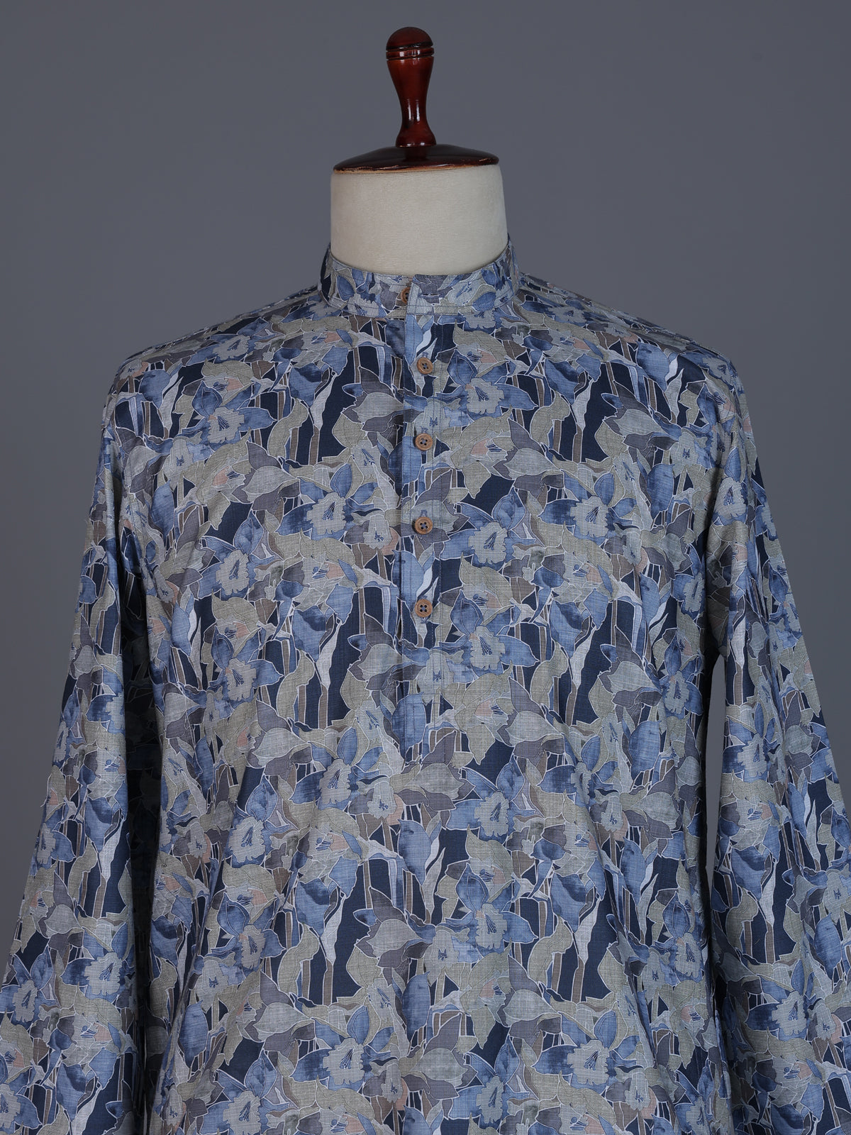 Grey and blue printed cotton kurta suit