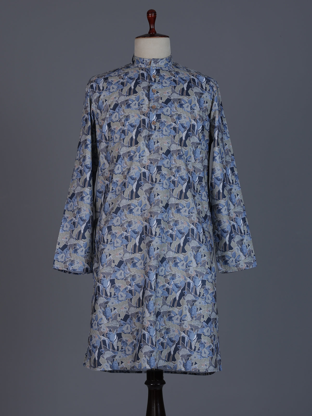Grey and blue printed cotton kurta suit