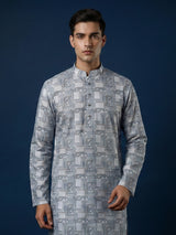Grey printed cotton silk kurta suit for men