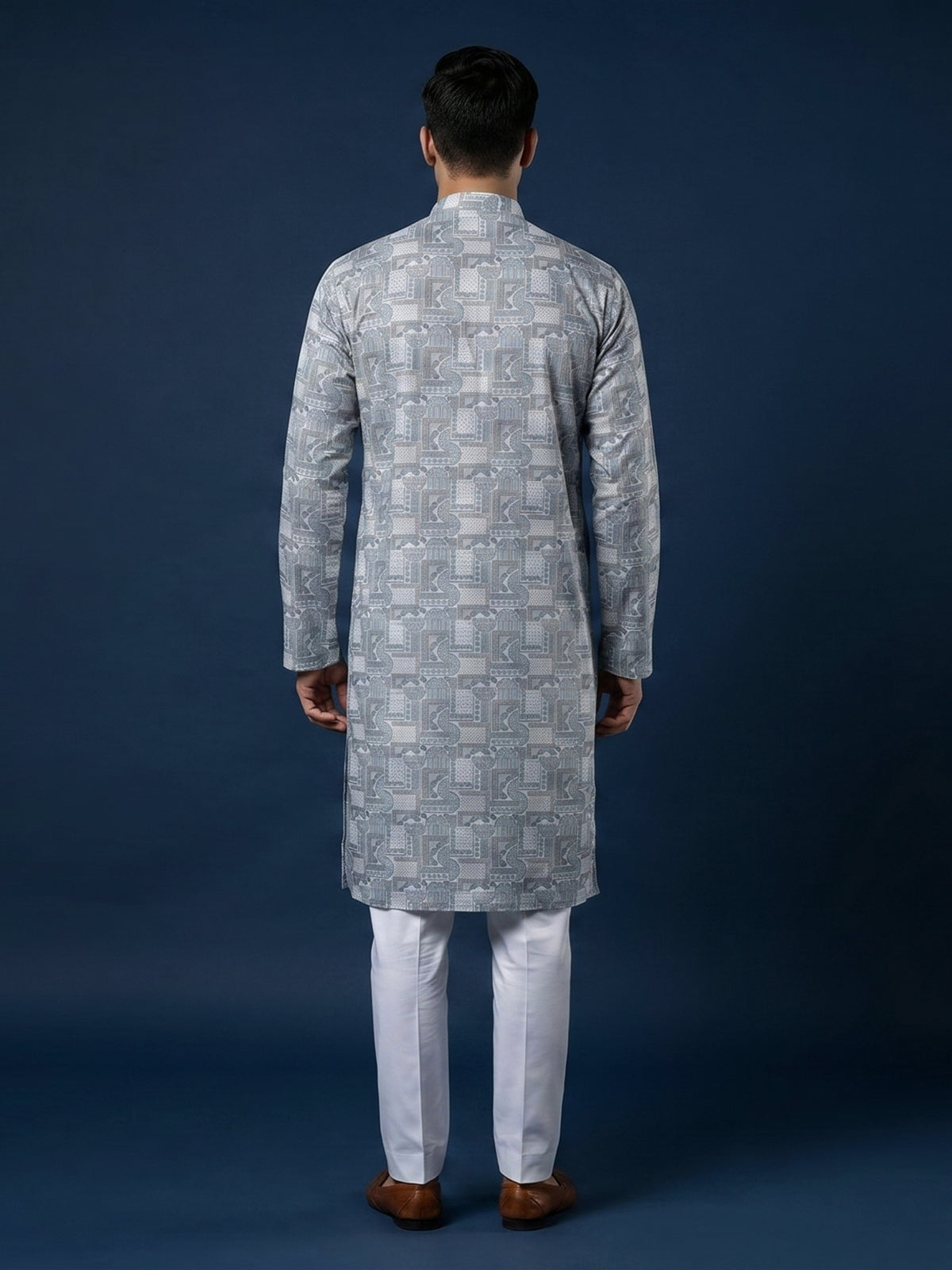 Grey printed cotton silk kurta suit for men