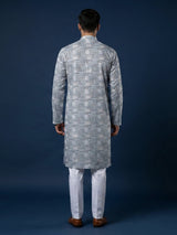 Grey printed cotton silk kurta suit for men
