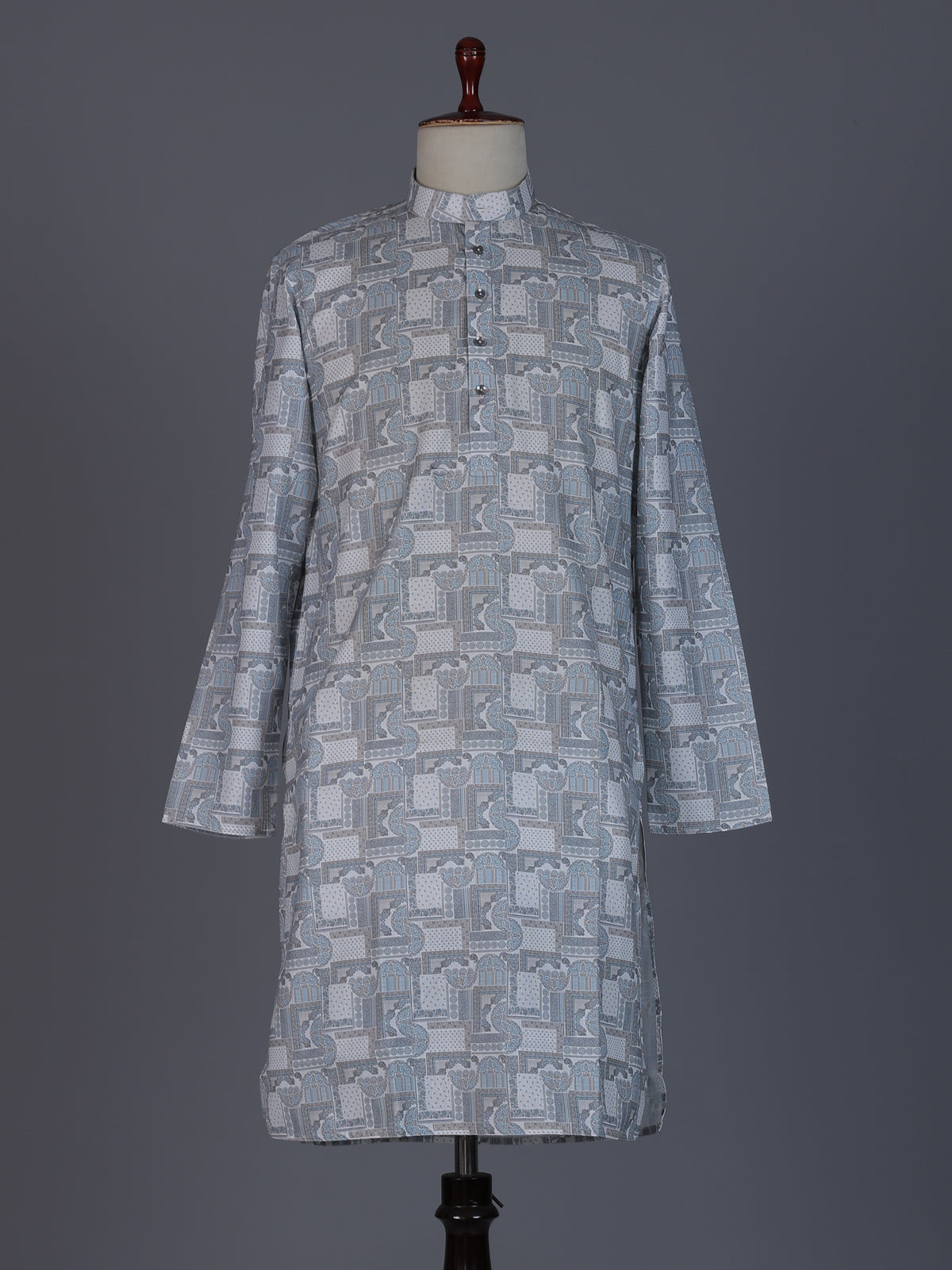 Grey printed cotton silk kurta suit for men