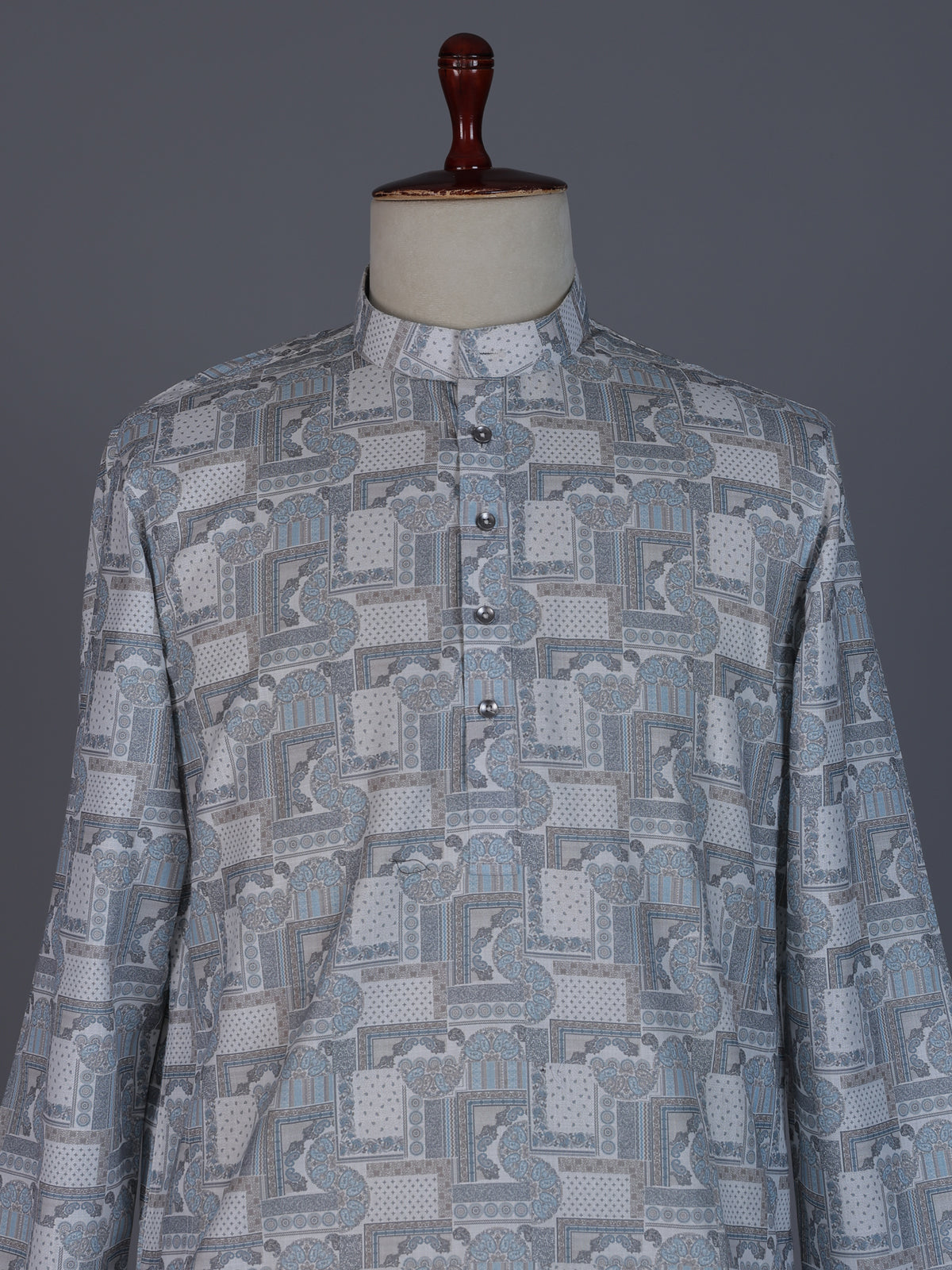 Grey printed cotton silk kurta suit for men