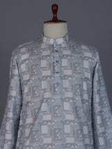 Grey printed cotton silk kurta suit for men