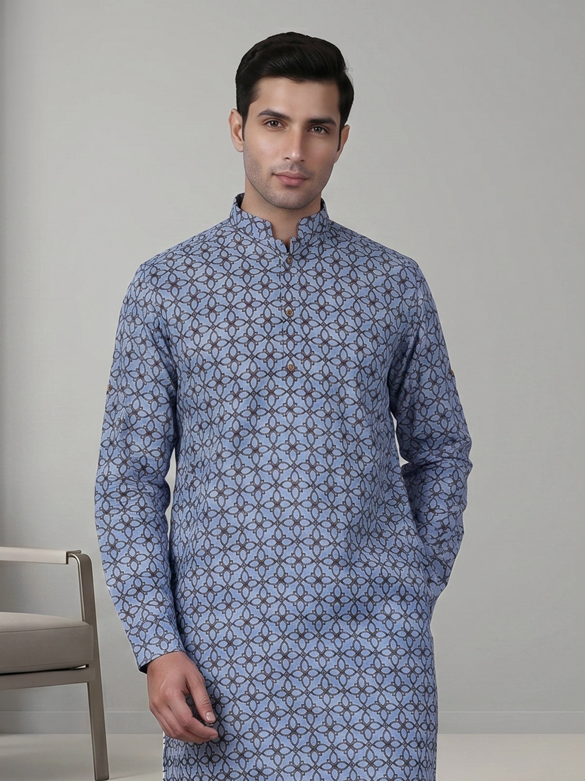 Stone blue cotton silk kurta suit with print