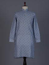 Stone blue cotton silk kurta suit with print