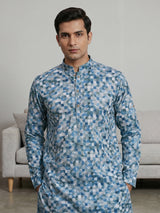 Blue cotton silk printed kurta suit for festivals
