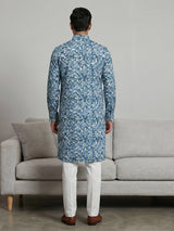 Blue cotton silk printed kurta suit for festivals